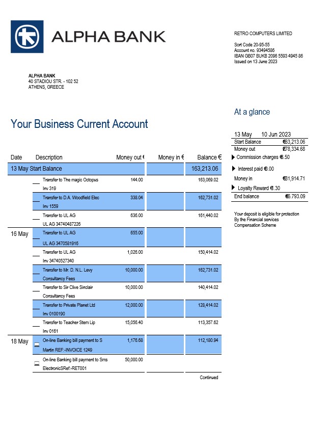 Modèle Word et PDF de relevé de compte courant de la société Alpha Bank